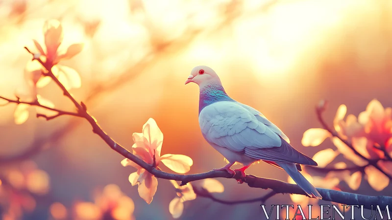Peaceful dove perched on flowering branch at golden sunset, soft focus.