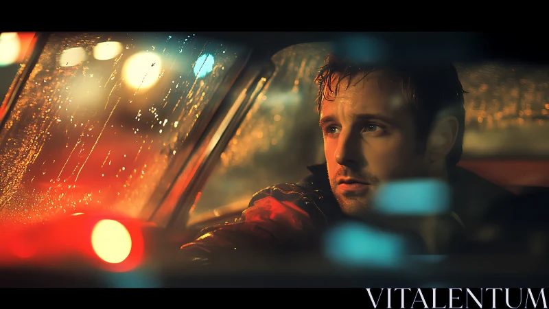 Rainlit driver haunted by neon ghosts at the window.