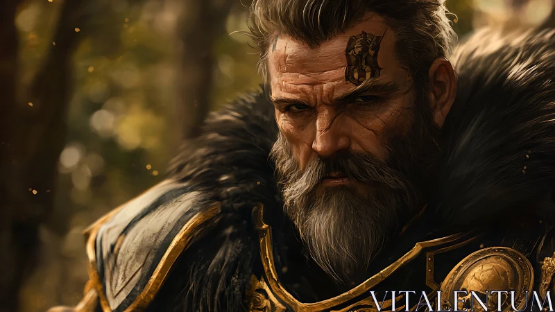 Weathered warrior in golden armor with a steady gaze.