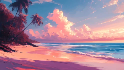 Tropical shoreline glows beneath a radiant pastel sunset.
