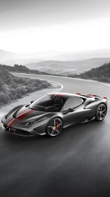 Aerodynamic graphite supercar on desaturated alpine switchback.