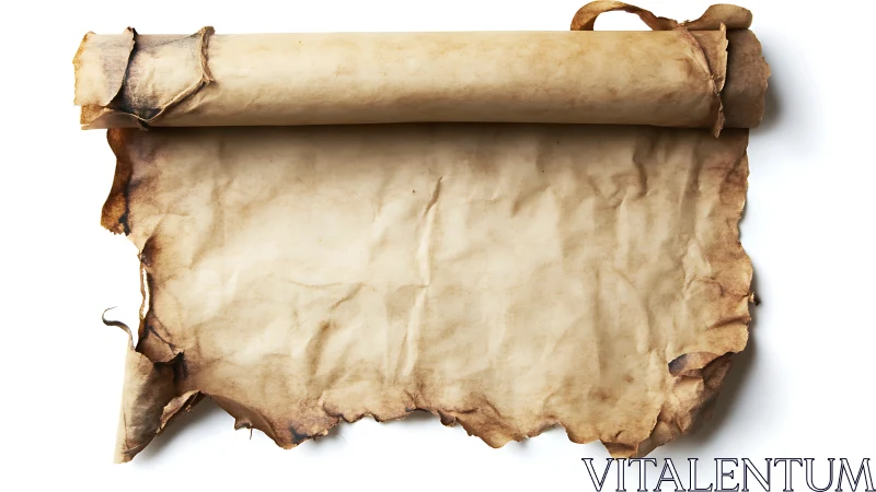 Burnt edged parchment scroll unrolled on plain white background.