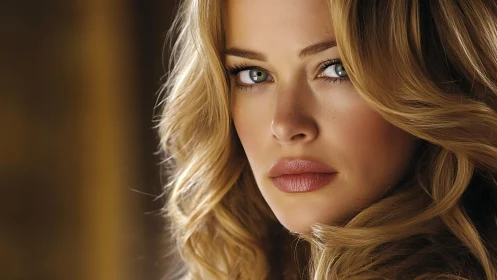 Photorealistic close-up portrait of blonde woman, soft bokeh