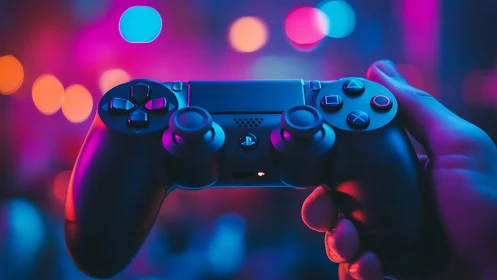 Gaming controller in hand under neon bokeh lighting backdrop.