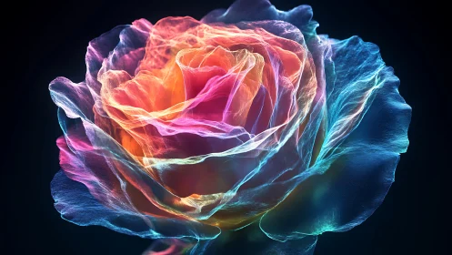 Glowing rainbow rose wrapped in soft, dreamlike light.