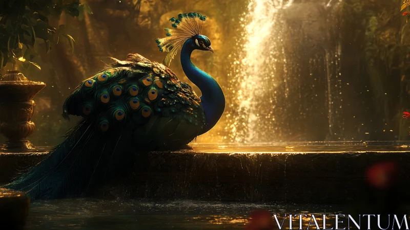 Regal peacock rests beside glowing forest waterfall pool