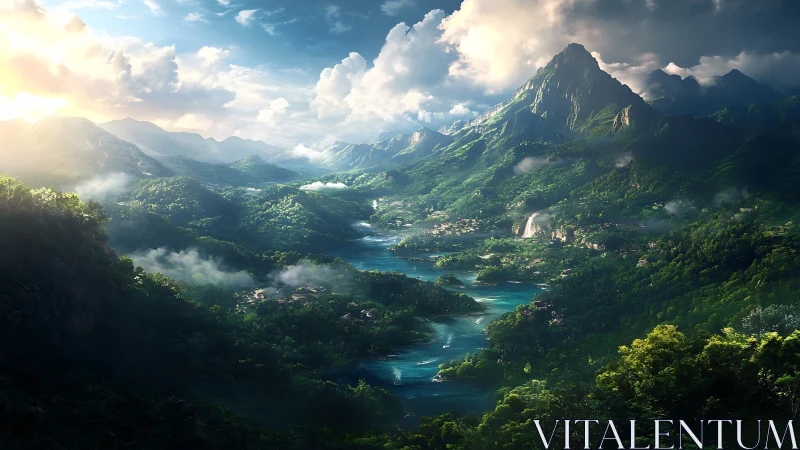 Emerald valley of tranquil rivers beneath a dreaming peak.