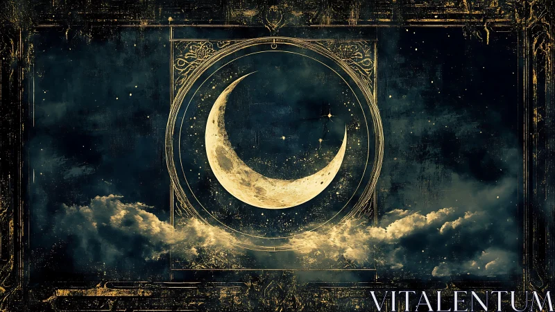 Crescent moon glows within ornate celestial frame over clouds