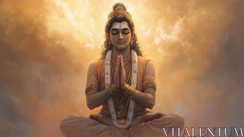Seated male deity meditates in lotus pose amid glowing light