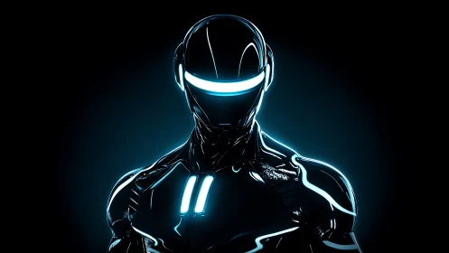 Neon-lit humanoid robot stands in dark reflective armor.