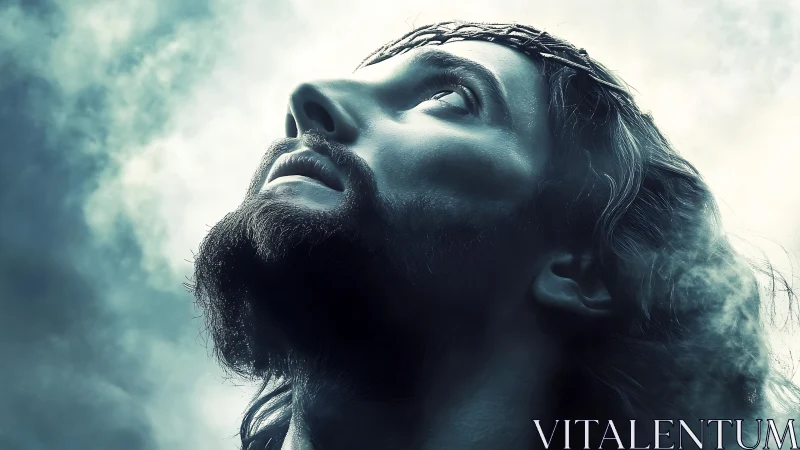 Dramatic low-angle portrait of bearded man in ethereal light