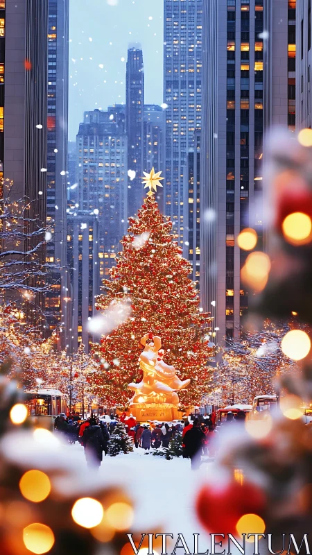 Giant city Christmas tree glows warmly in softly falling snow