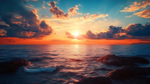 Vivid ocean sunset over rocks and glowing horizon line.