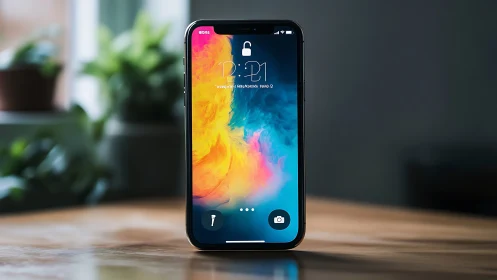 Modern smartphone displays vibrant abstract wallpaper design.