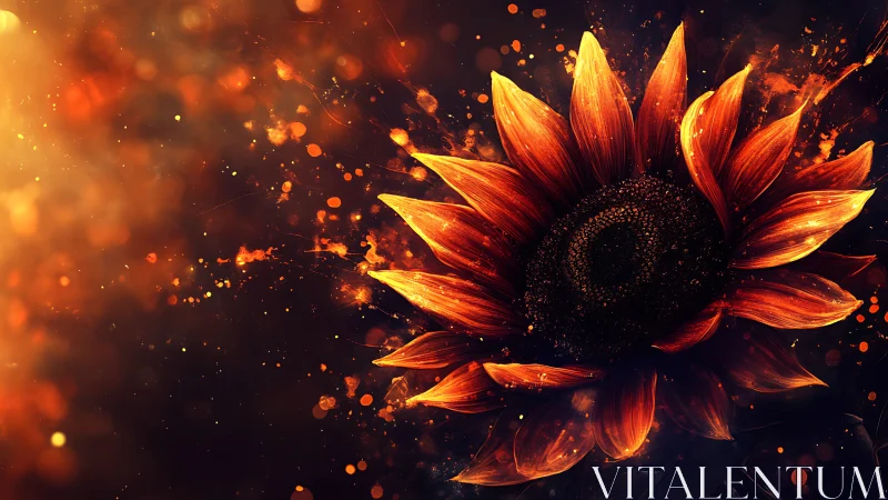 Glowing sunflower in a warm storm of golden sparks.