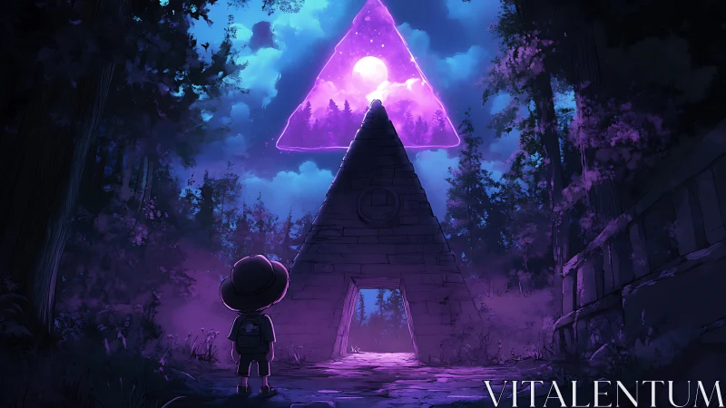Moonlit portal pyramid under neon triangle skyspell.