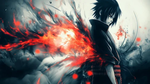 Fiery anime warrior releases swirling crimson power burst