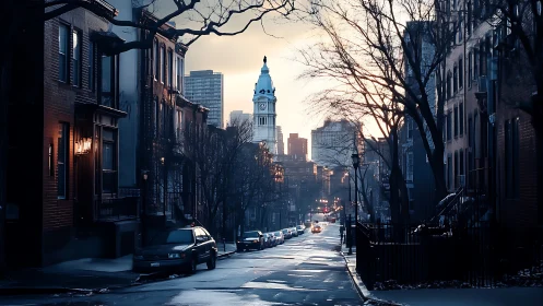 Dusk-tipped city street quietly crowns its distant clocktower