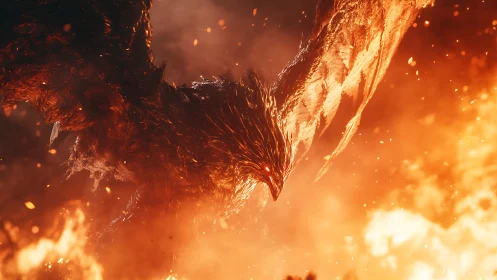 Fiery phoenix entity emerges from inferno in dynamic perspective