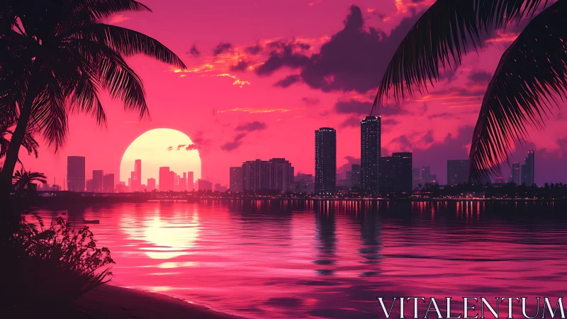 Neon tides serenade a city skyline under candy skies