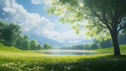 Sunlit lake meadow under distant snowy mountain peaks.
