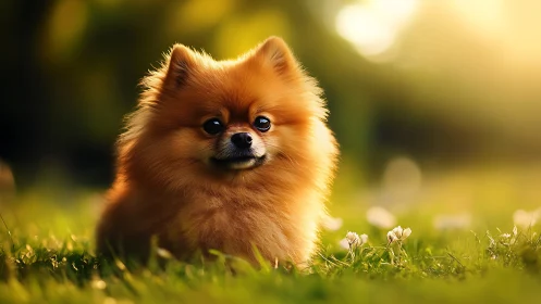 Tiny sunburst fox-dog lounges in a meadow of warm light