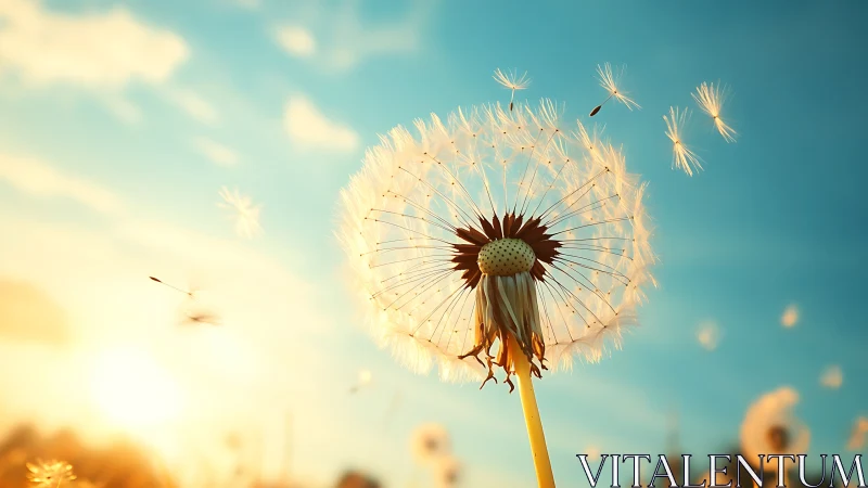 Sunlit dandelion wishes drifting across a painted sky.