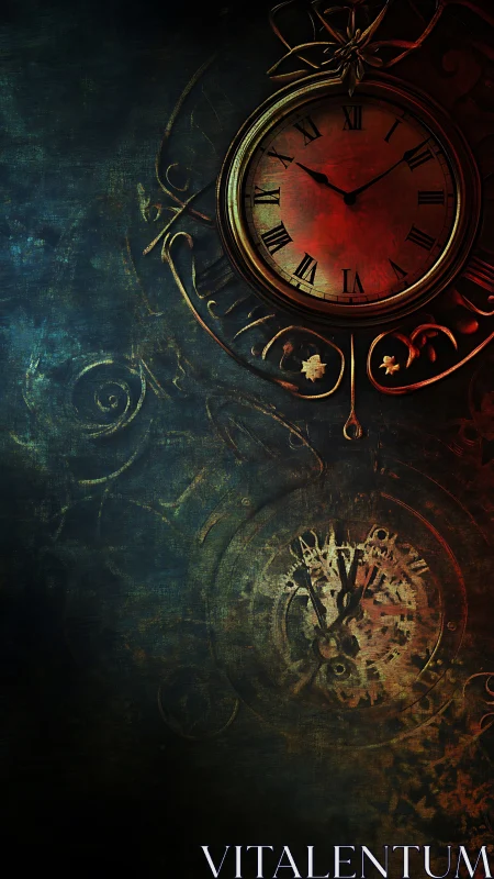 Steampunk pocket watch with dual clock faces on textured patina