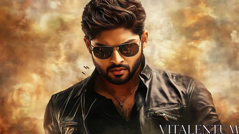 Cinematic male portrait in leather jacket against warm bokeh field.