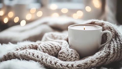 Cozy candlelit mug nestled in a soft winter knit embrace.