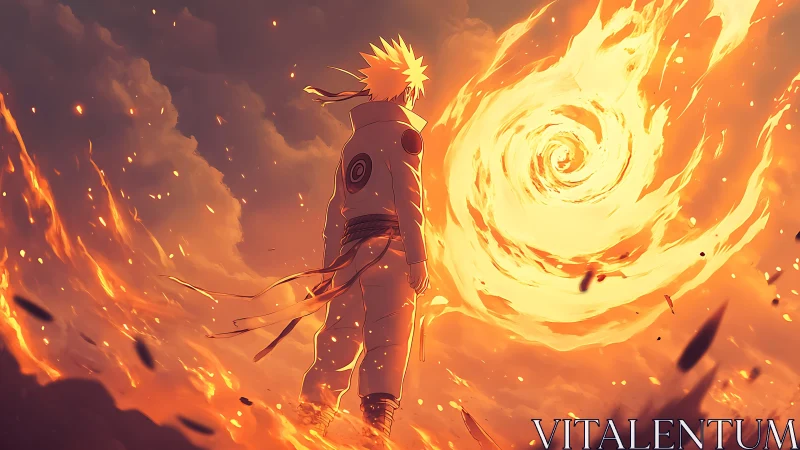 Fiery anime warrior commands swirling inferno skystorm.