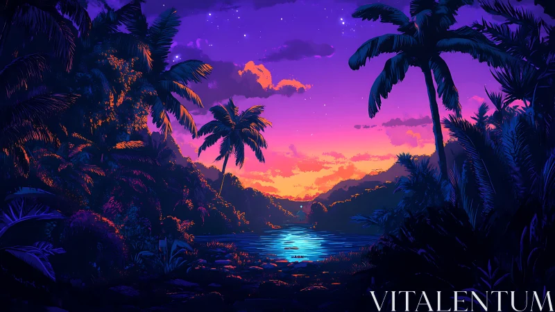 Neon twilight lagoon framed by tropical palms in silhouette.