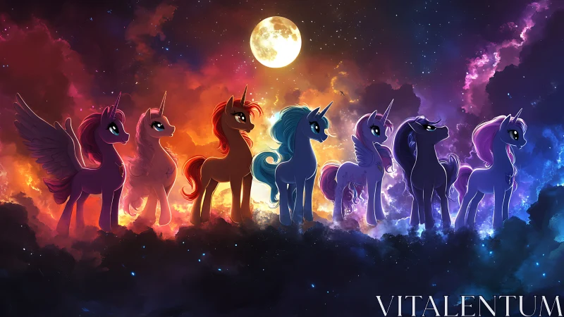Colorful unicorn ponies stand under glowing full moon.