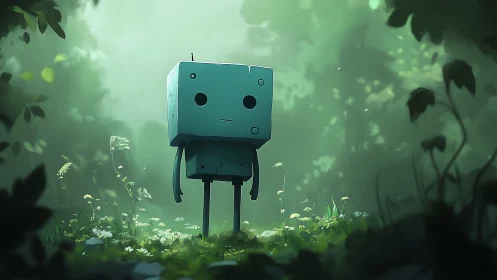 Lonely boxy robot stands in misty green forest clearing