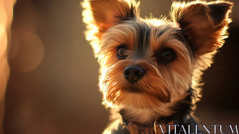 Yorkshire terrier portrait in warm golden backlight bokeh.