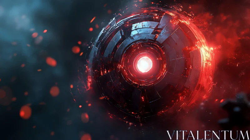 Futuristic mechanical sphere with central red energy core.