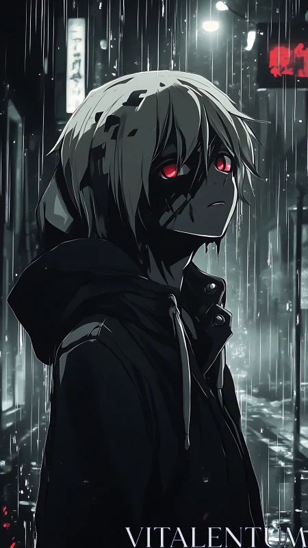 Midnight rain crowns a red eyed wanderer in neon gloom