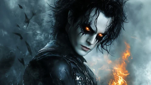 Dark fantasy figure with glowing eyes and fire element.