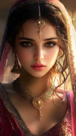 High-detail portrait of jeweled woman in warm directional backlight