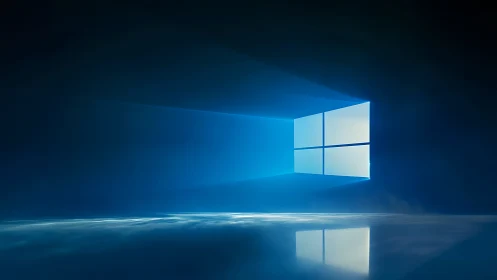 Minimalist luminous window icon in deep blue gradient space.