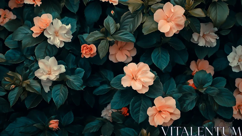 Coral and cream garden roses with teal foliage composition.