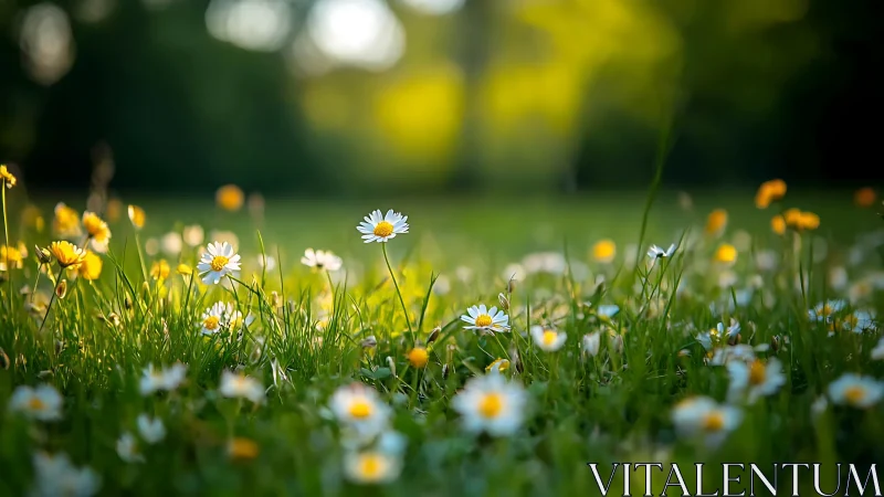 Daisy flowers bloom in spring meadow with selective focus.