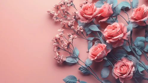 Coral Roses with Blue Eucalyptus on Pink Background.