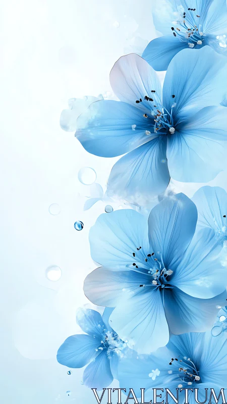 Translucent Blue Flowers with Depth-of-Field Bokeh and Water Droplets