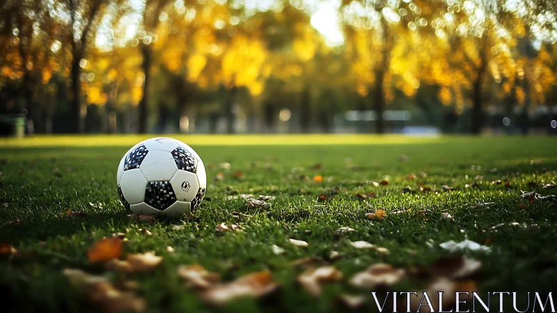 Soccer ball rests on autumn field under golden trees.