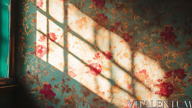Window light casting grids over vintage floral wallpaper.