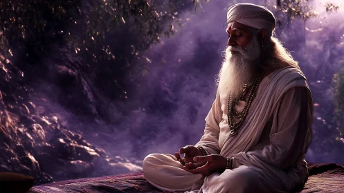 Moonlit mist crowns a sage in riverside twilight meditation