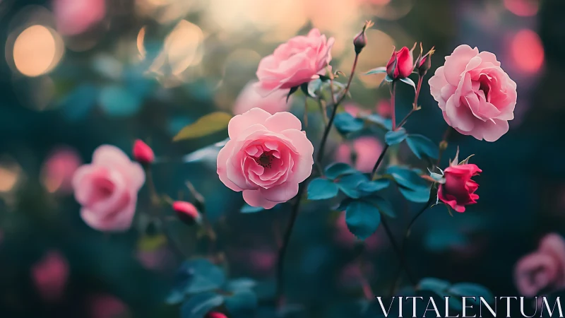 Pink roses photographed with shallow depth of field and warm bokeh
