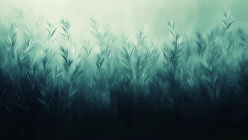 Ethereal teal grass rises through misty gradient light