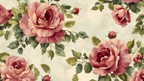Pink and Crimson Roses on Cream Background Pattern